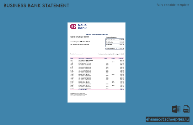 Neue Bank AG Firmenkontoauszug (Word und PDF) – 1 Beispielvorschau